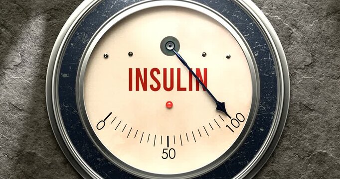 Insulin meter that is hitting a full scale, showing rising levels of insulin, overload of it, too much of it. Maximum value, off the charts.