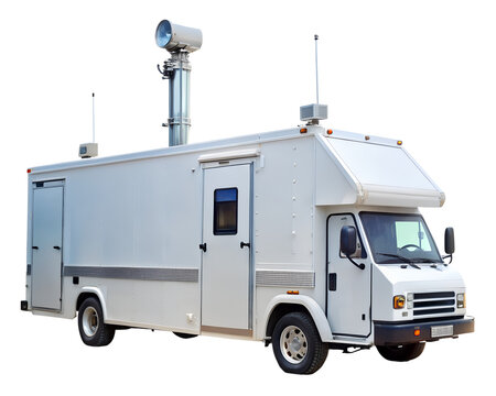 Mobile command center vehicle with communication equipment isolated on transparent background