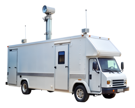 Mobile command center vehicle with communication equipment isolated on transparent background