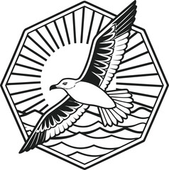 Elegant flying bird logo design illustration with sun rising above sea waves in geometric shape