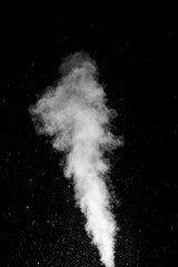 Dense white smoke or steam rising upwards on black background in dramatic style. Swirling, writhing smoke to overlay on your photos. Halloween design. mystery or pollution concept