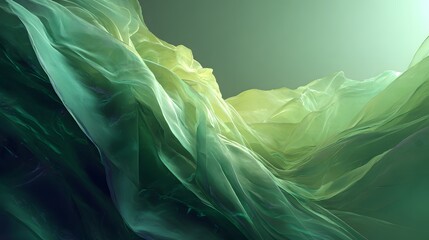 Abstract flowing green fabric texture creates a dynamic, undulating wave isolated on a soft gradient background for digital presentation.