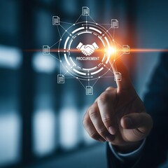 Businessman s finger touching a glowing digital network interface with data connections and bright light
