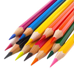 Fototapeta premium Colorful pencils arranged on white background, ready for drawing or art class