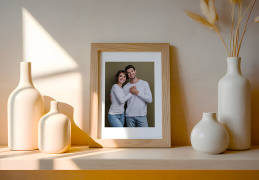 Vertical Wooden Photo Frame Mockup on a Shelf