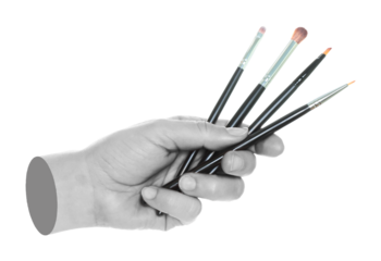 Woman hand holds black cosmetics brushes, isolated on transparent background, cosmetics and visage concept. Contemporary art