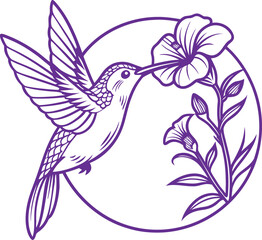 Hummingbird feeding on flower nectar, elegant line art design for nature lovers and creative projects