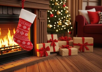 Cozy christmas eve by the fireplace with gifts and tree