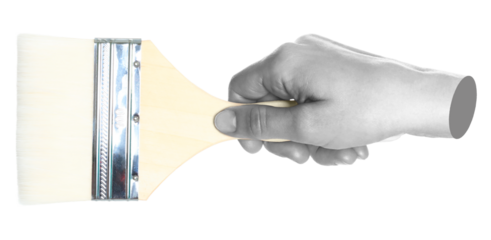 Woman hand holds paint brush, isolated on transparent background, painting and design concept. Contemporary art