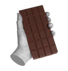 Woman hand holds chocolate bar, isolated on transparent background, sweet food concept. Contemporary art
