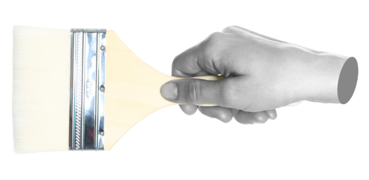 Woman hand holds paint brush, isolated on transparent background, painting and design concept. Contemporary art