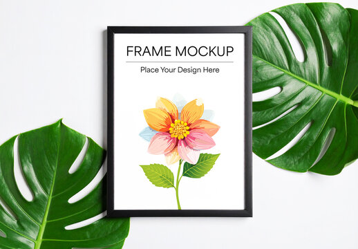 Black Frame with Tropical Leaves Mockup