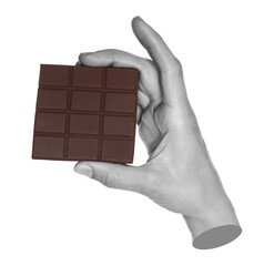 Woman hand holds chocolate bar, isolated on transparent background, sweet food concept. Contemporary art