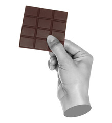 Woman hand holds chocolate bar, isolated on transparent background, sweet food concept. Contemporary art