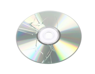 A damaged DVD disc, isolated on a white background, symbolizing broken technology, data loss, or junk.