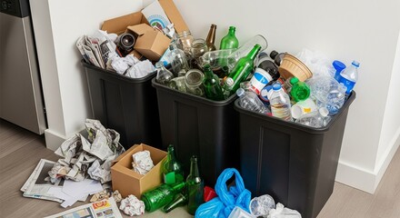 Overflowing Recycling Bins with Paper, Glass, and Plastic