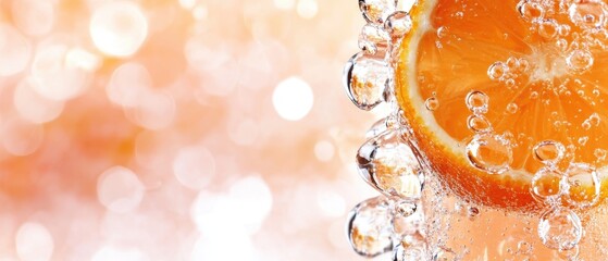 Refreshing orange slice submerged in sparkling water, creating a vibrant and juicy summer scene. Horizontal banner with copy space for text, poster, free space