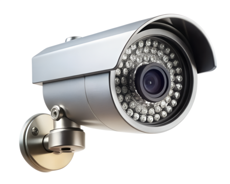 Silver security camera with infrared leds and mounting bracket, isolated on transparent background