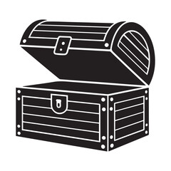 Wooden treasure chest silhouette vector, Treasure chest flat vector illustration, Wooden treasure icon. Vector black silhouette. with white background.