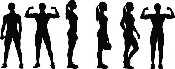 Fitness silhouettes, strength training, workout poses, gym exercises, muscle building,
body strength, perseverance