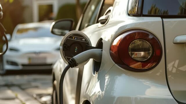 A light-colored electric vehicle is plugged into a charging station. The vehicle is parked on a paved area. Another EV is partially visible in the background, also seemingly parked.