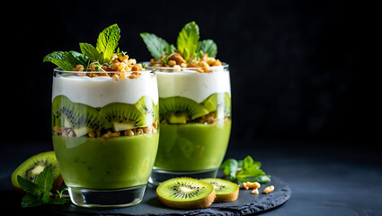 Delicious Kiwi Parfait with Yogurt and Granola Refreshing and Healthy Breakfast or Dessert Idea Isolated on Dark Background