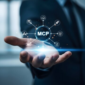 Businessman s open hand displaying a digital network of connected icons and the mcp acronym