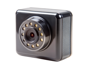 Small black surveillance camera with infrared leds, isolated on transparent background