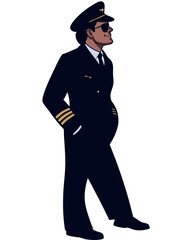 Obraz premium airline pilot in uniform with sunglasses, flat vector, white background