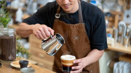 Skilled barista creates intricate latte art while serving customers in a vibrant coffee shop setting during the afternoon rush