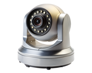 Indoor security camera with pan and tilt functionality, isolated on transparent background