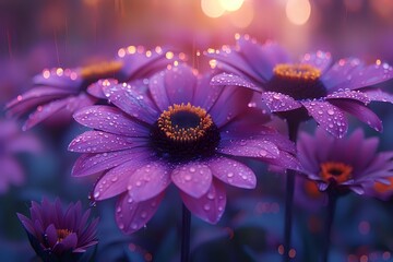 Purple African daisy flowers with water drops in morning light, soft bokeh background creates dreamy atmosphere for nature photography and floral design.