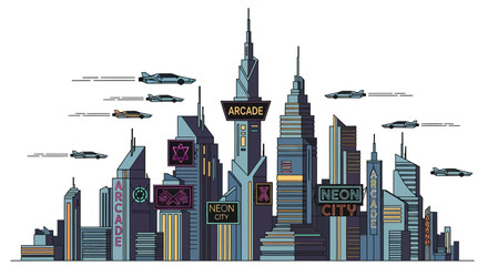 Futuristic Neon City Skyline with Flying Cars.