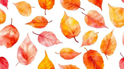 Fototapeta premium Watercolor autumn leaves in orange and red shades scattered on white background, seamless pattern for fabric, wallpaper and seasonal designs.