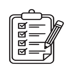 A clipboard with checkmarks and lines next to a pencil on a white background in a vector image