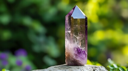 Crystal point with purple amethyst and smoky quartz zones standing upright on natural stone against green garden background with soft bokeh effect.