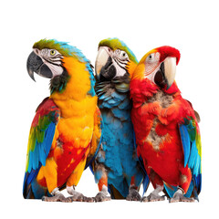 Three macaws perched together, tropical background, wildlife print