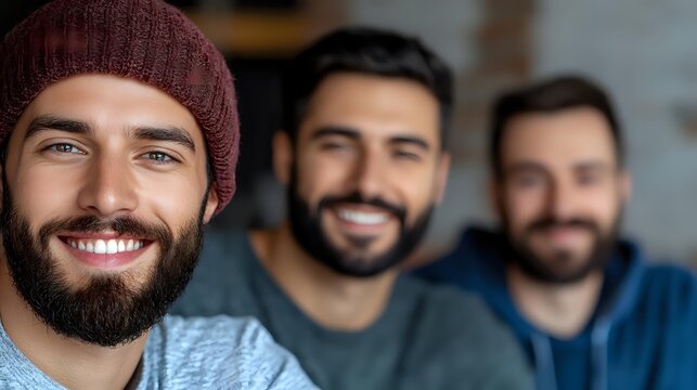 Diverse group of cheerful bearded men smiling at camera, wearing casual attire including knit beanie. Natural lighting creates warm atmosphere for lifestyle content.