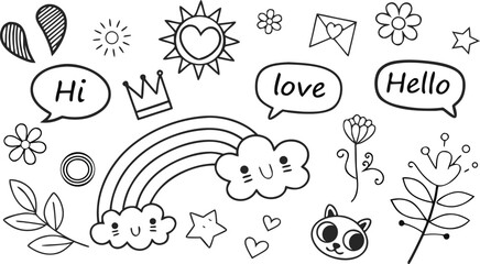 cute hand drawn doodle vector set, love, Natural , firework, cloud, weather, rainbow, snow, heart. a seamless doodle vector illustration filled with cute and playful hand-drawn elements in black outli