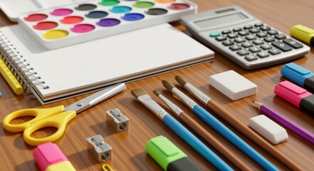 Naklejka premium School Supplies and Art Tools Composition on a Wooden Desk for Creative Projects