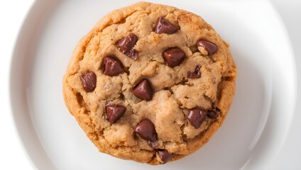A single chocolate chip cookie on a white plate
