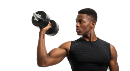 Athletischer schwarzer Mann mit Hantel, transparenter Hintergrund, PNG