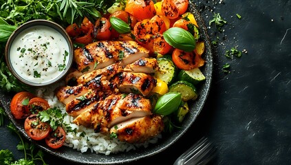 Grilled chicken breast with charred marks served on rice with fresh vegetables and creamy sauce, garnished with herbs on dark plate against black background.