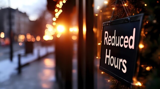 Reduced hours sign in shop window with blurred city lights and bokeh effect at dusk, reflecting business changes and limited operation time during holiday season.