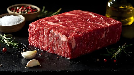 Raw marbled beef steak on black stone surface with seasonings, herbs, garlic cloves, olive oil and pink peppercorns, ready for cooking preparation.