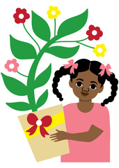 little black girl with braids holding giant potted plant