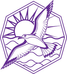 Majestic seagull soars above the ocean waves at sunset, framed in modern geometric design