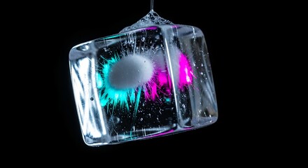 Neon Ice Cube Close Up  Vibrant Blue and Pink Light Effects on Melting Frozen Water Against Black Background Stock Photo