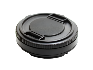 Black camera lens cap isolated on transparent background