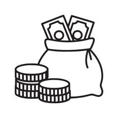 Illustration of a money bag with cash and stacks of coins in black and white outline style drawing